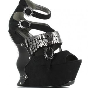 Leia Black Wedge Gothic Sandal w/Metal Cross Back